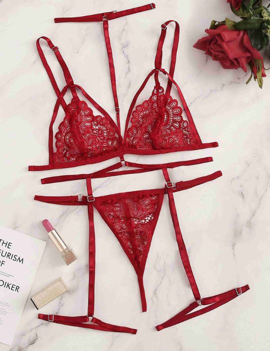 Red Lace Bra Panty Set with Waist Belt – Women’s Sexy Lingerie